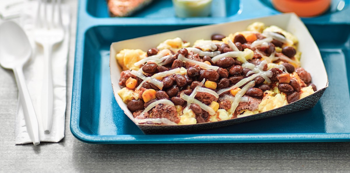 The Monterey Breakfast Scrambler offers a nutritious delicious morning option with Bush's Best® Easy Entrées® Taco Fiesta Black Beans, eggs, crumbled turkey sausage and Monterey Jack cheese.